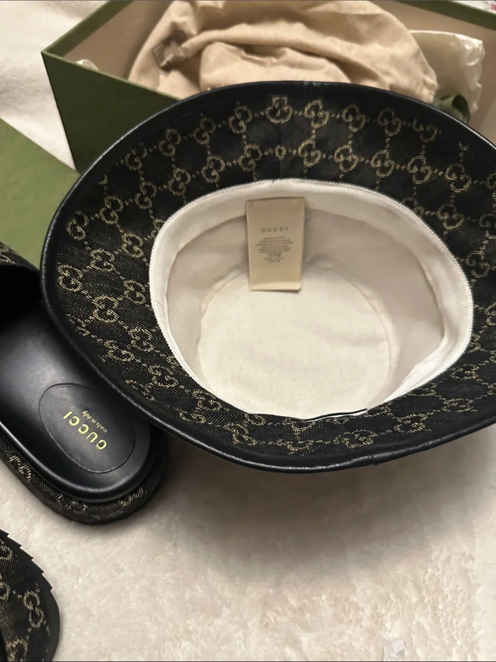 Gucci Black GG Monogram Canvas Slides with Matching Bucket Hat only for photo